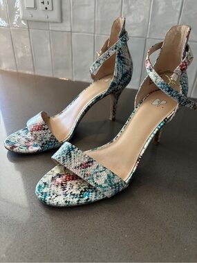 bp Multicolor Blue-Teal Snakeskin Ankle-Strap Heels